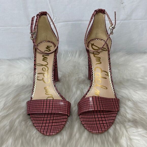 Sam Edelman Yaro Daniela Pink Plaid Vegan Leather Ankle Strap Heels Sz 8 - Picture 3 of 7